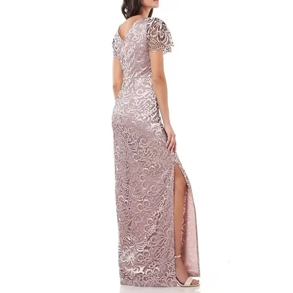 JS Collections Embroidered Gown Boat Neck Flutter Sleeve Size 10 - Picture 2 of 8